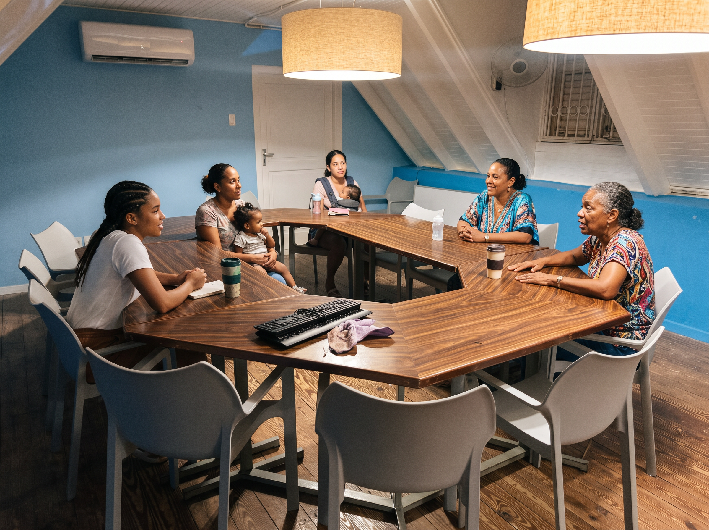Vrouwen van verschillende generaties in gesprek in een community ruimte