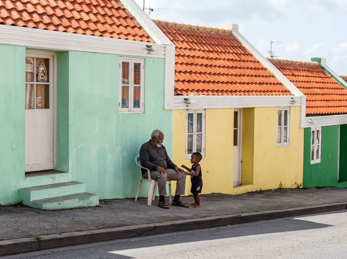 Oudere man en jong kind op een porch in een Curaçaose bario