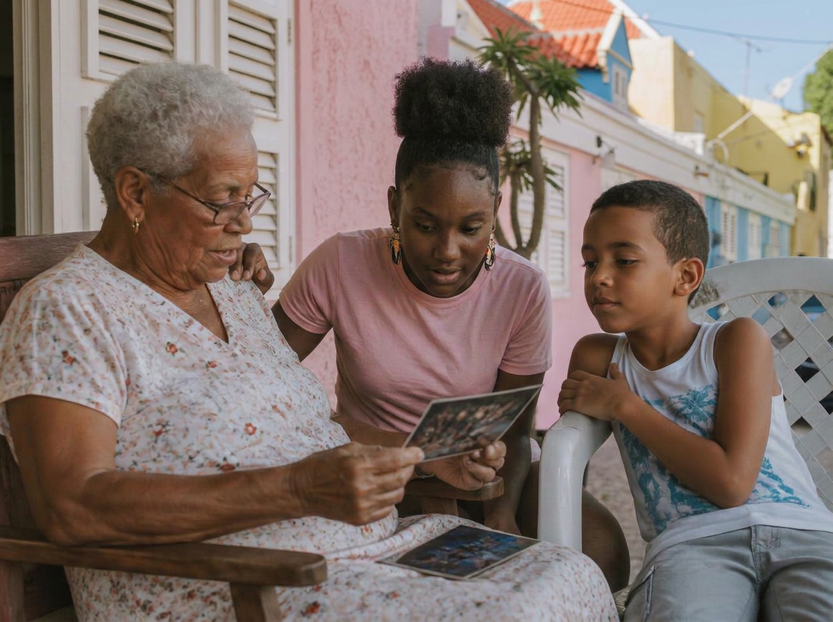 Een oudere vrouw deelt verhalen en foto's met jongeren op een porch in Curaçao